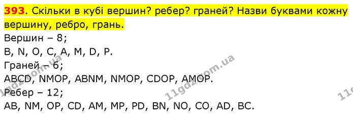 393. Скільки в кубі вершин? ребер? граней? Назви буквами кожну вершину, ребро, грань. — ГДЗ Математика 3 клас Будна 1-2 ч.