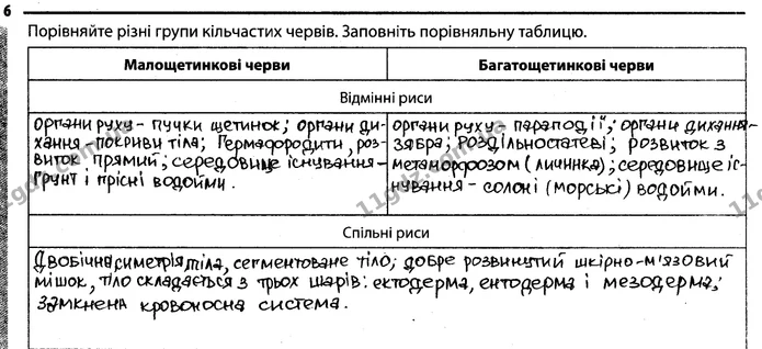 6. Порівняйте різні групи кільчастих червів. Заповніть порівняльну таблицю. — ГДЗ Робочий зошит Біологія 7 клас Задорожний