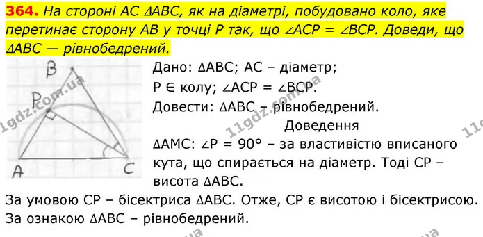 364. На стороні AC ∆АВС, як на діаметрі, побудовано коло, яке перетинає сторону AB у точці P так, що ∠ACP = ∠ВСР. Доведи, що ∆АВС — — ГДЗ Геометрія 8 клас Бевз