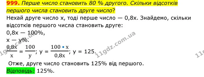 999. Перше число становить 80 % другого. Скільки відсотків першого числа становить друге число? — ГДЗ Математика 6 клас Мерзляк 2023 1-2 ч.