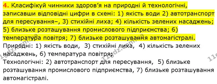 4. Класифікуй чинники здоров’я на природні й технологічні, записавши відповідні цифри в схемі: 1) якість води 2) автотранспорт для — ГДЗ Робочий зошит Пізнаємо природу 6 клас Коршевнюк