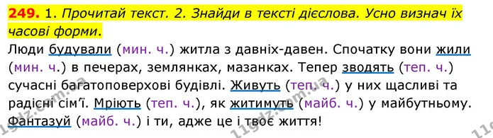 249. 1. Прочитай текст. 2. Знайди в тексті дієслова. Усно визнач їх часові форми. — ГДЗ Українська мова та читання 3 клас Кравцова (1 частина)