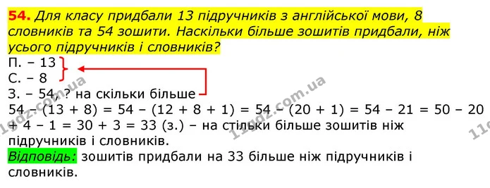 54. Для класу придбали 13 підручників з англійської мови, 8 словників та 54 зошити. Наскільки більше зошитів придбали, ніж усього — ГДЗ Математика 3 клас Лишенко (1, 2 частина)