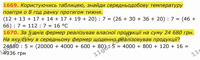 1669. Користуючись таблицею, знайди середньодобову температуру повітря о 8 год ранку протягом тижня. — ГДЗ Математика 5 клас Істер 2022