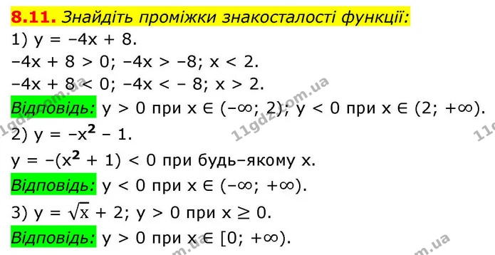 8.11. Знайдіть проміжки знакосталості функції: — ГДЗ Алгебра 9 клас Мерзляк 2026