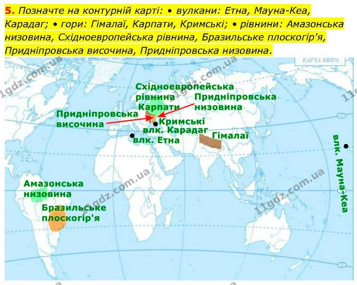 5. Позначте на контурнiй картi: • вулкани: Етна, Мауна-Кеа, Карадаг; • гори: Гiмалаї, Карпати, Кримськi; • рiвнини: Амазонська — ГДЗ Географія 6 клас Гільберг