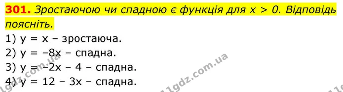 301. Зростаючою чи спадною є функція для x > 0. Відповідь поясніть. — ГДЗ Алгебра 9 клас Тарасенкова