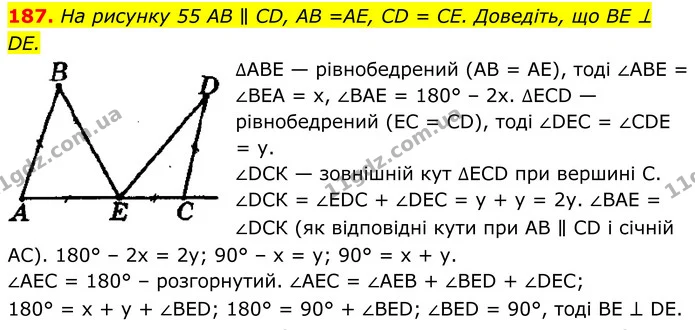 187. На рисунку 55 AB ∥ CD, AB =AE, CD = CE. Доведіть, що BE ⊥ DE. — ГДЗ Геометрія 8 клас Мерзляк