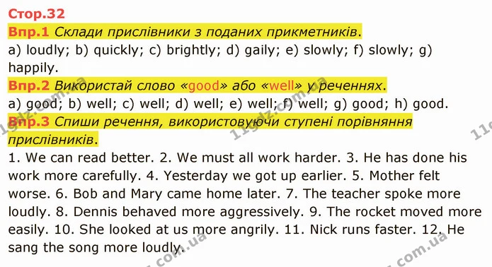 Впр.1 Склади прислівники з поданих прикметників. а) loudly; b) quickly; c) brightly; d) gaily; e) slowly; f) slowly; g) happily. — ГДЗ Англійська мова 6 клас Карпюк 2014