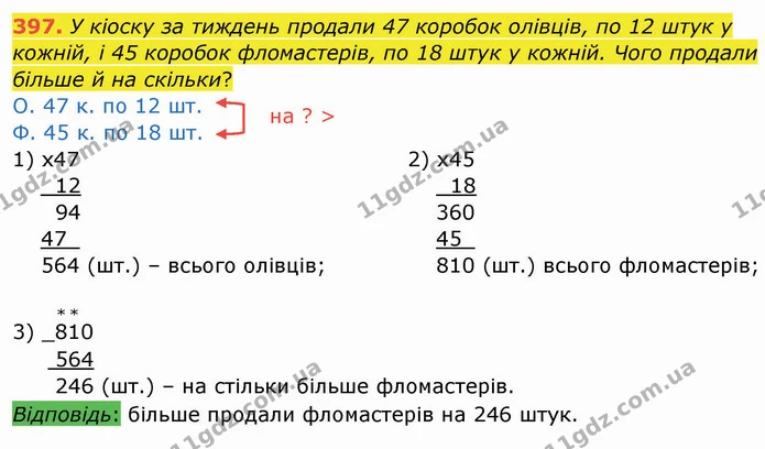 397. У кіоску за тиждень продали 47 коробок олівців, по 12 штук у кожній, і 45 коробок фломастерів, по 18 штук у кожній. Чого продали — ГДЗ Математика 4 клас Заїка