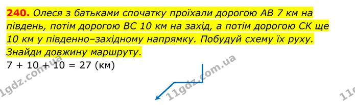 240. Олеся з батьками спочатку проїхали дорогою AB 7 км на південь, потім дорогою BC 10 км на захід, а потім дорогою СК ще 10 км у — ГДЗ Математика 5 клас Бевз
