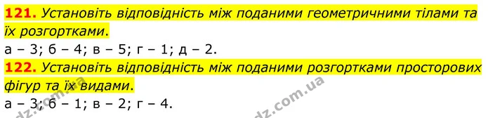 121. Установіть відповідність між поданими геометричними тілами та їх розгортками. — ГДЗ Математика 6 клас Біос 1-2 ч.
