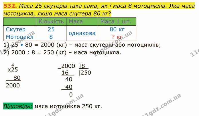 532. Маса 25 скутерів така сама, як і маса 8 мотоциклів. Яка маса мотоцикла, якщо маса скутера 80 кг? — ГДЗ Математика 4 клас Лишенко 1-2 ч.
