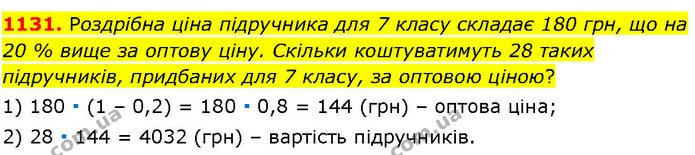 1131. Роздрібна ціна підручника для 7 класу складає 180 грн, що на 20 % вище за оптову ціну. Скільки коштуватимуть 28 таких — ГДЗ Алгебра 7 клас Істер 2024
