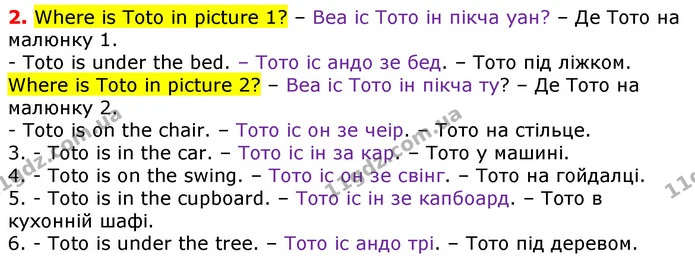 2. Where is Toto in picture 1? – Веа іс Тото ін пікча уан? – Де Тото на малюнку 1. — ГДЗ Англійська мова 3 клас Карпюк