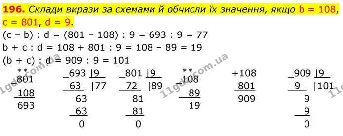 196. Склади вирази за схемами й обчисли їх значення, якщо b = 108, c = 801, d = 9. — ГДЗ Математика 4 клас Листопад