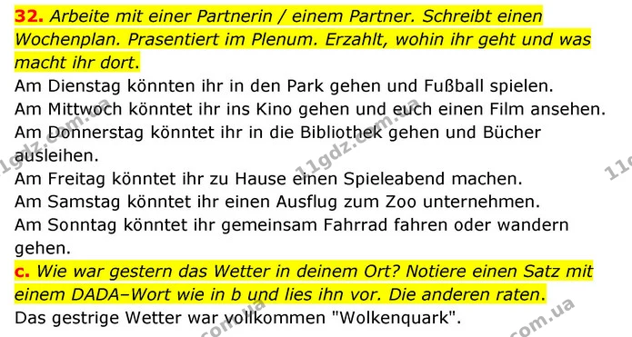 32. Arbeite mit einer Partnerin / einem Partner. Schreibt einen Wochenplan. Prasentiert im Plenum. Erzahlt, wohin ihr geht und was — ГДЗ Німецька мова 6 клас Басай (2023)