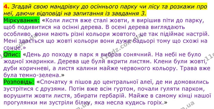 4. Згадай свою мандрівку до осіннього парку чи лісу та розкажи про неї, даючи відповіді на запитання із завдання 3. — ГДЗ Українська мова та читання 3 клас Остапенко 1-2 ч.
