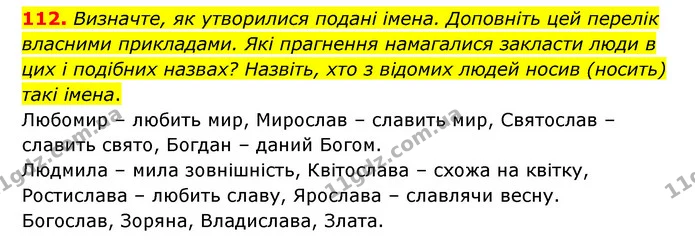 112. Визначте, як утворилися подані імена. Доповніть цей перелік власними прикладами. Які прагнення намагалися закласти люди в цих і — ГДЗ Українська мова 6 клас Голуб 2023