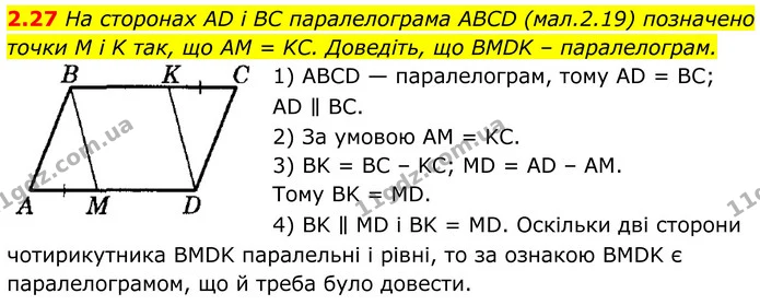2.27 На сторонах AD і BC паралелограма ABCD (мал.2.19) позначено точки M і K так, що AM = KC. Доведіть, що BMDK – паралелограм. — ГДЗ Геометрія 8 клас Істер