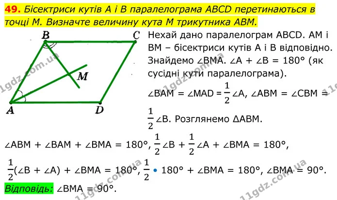 49. Бісектриси кутів A i B паралелограма ABCD перетинаються в точці M. Визначте величину кута M трикутника ABM. — ГДЗ Геометрія 8 клас Мерзляк