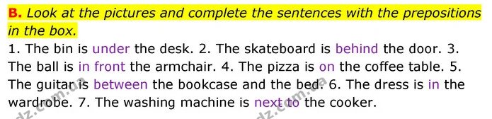 B. Look at the pictures and complete the sentences with the prepositions in the box. — ГДЗ зошит Англійська мова 5 клас Мітчелл