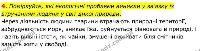 4. Поміркуйте, які екологічні проблеми виникли у зв’язку із втручанням людини у світ дикої природи. — ГДЗ Зарубіжна література 8 клас Міляновська