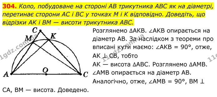 304. Коло, побудоване на стороні AB трикутника ABC як на діаметрі, — ГДЗ Геометрія 8 клас Мерзляк