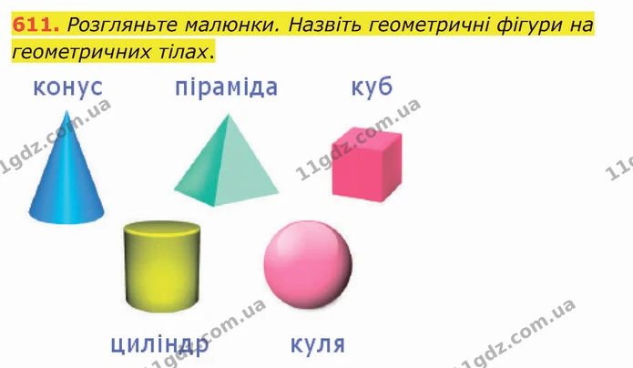 611. Розгляньте малюнки. Назвіть геометричні фігури на геометричних тілах. — ГДЗ Математика 4 клас Оляницька