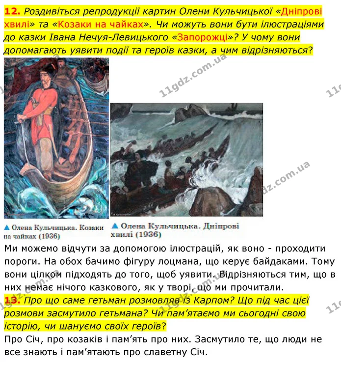 12. Роздивіться репродукції картин Олени Кульчицької «Дніпрові хвилі» та «Козаки на чайках». Чи можуть вони бути ілюстраціями до казки — ГДЗ Українська література 5 клас Заболотний