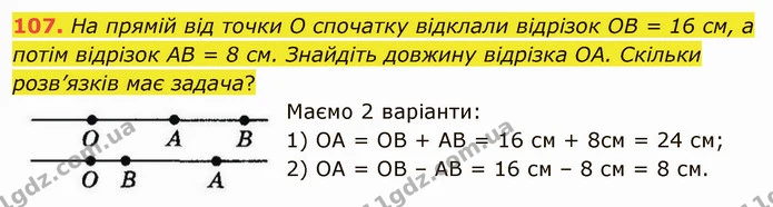 107. На прямій від точки О спочатку відклали відрізок ОВ = 16 см, а потім відрізок АВ = 8 см. Знайдіть довжину відрізка ОА. Скільки — ГДЗ Математика 5 клас Тарасенкова 2022