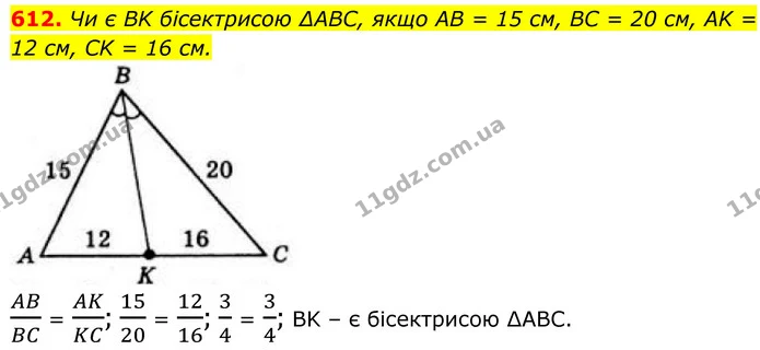 612. Чи є BK бісектрисою ∆ABC, якщо AB = 15 см, BC = 20 см, AK = 12 см, CK = 16 см. — ГДЗ Геометрія 8 клас Бевз