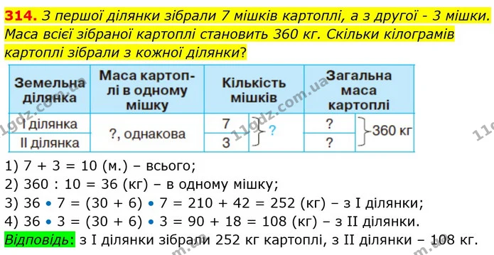 314. З першої ділянки зібрали 7 мішків картоплі, а з другої - 3 мішки. Маса всієї зібраної картоплі становить 360 кг. Скільки — ГДЗ Математика 4 клас Оляницька
