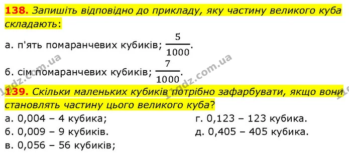 138. Запишіть відповідно до прикладу, яку частину великого куба складають: — ГДЗ Математика 6 клас Біос 1-2 ч.