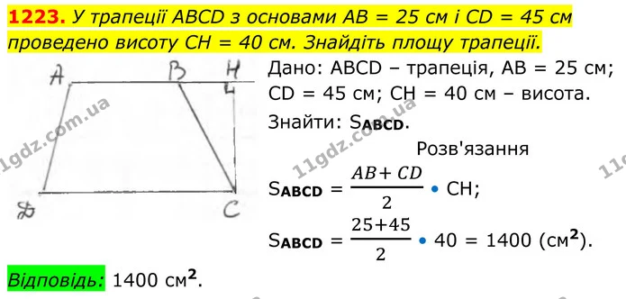 1223. У трапеції ABCD з основами AB = 25 см і CD = 45 см проведено висоту CH = 40 см. Знайдіть площу трапеції. — ГДЗ Геометрія 8 клас Бурда