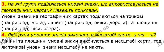 3. На які групи поділяються умовні знаки, що використовуються на географічних картах? Наведіть приклади. — ГДЗ Географія 7 клас Гільберг