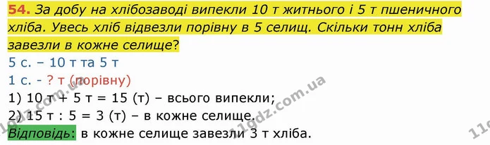 54. За добу на хлібозаводі випекли 10 т житнього і 5 т пшеничного хліба. Увесь хліб відвезли порівну в 5 селищ. Скільки тонн хліба — ГДЗ Математика 4 клас Заїка