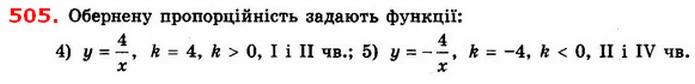 505. Які з функцій задають обернену пропорційність? У яких координатних кутах лежать їх графіки: — ГДЗ Алгебра 8 клас Істер 2021