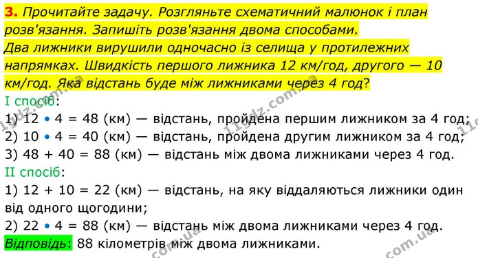 3. Прочитайте задачу. Розгляньте схематичний малюнок і план розв'язання. Запишіть розв'язання двома способами. — ГДЗ Математика 4 клас Логачевська 1 та 2 частини
