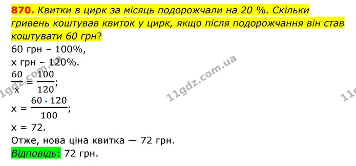870. Квитки в цирк за місяць подорожчали на 20 %. Скільки гривень коштував квиток у цирк, якщо після подорожчання він став коштувати 60 — ГДЗ Математика 6 клас Тарасенкова 2023 1-2 ч.