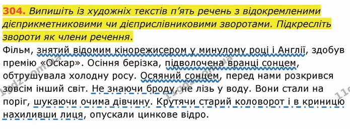304. Випишіть із художніх текстів п’ять речень з відокремленими дієприкметниковими чи дієприслівниковими зворотами. Підкресліть звороти — ГДЗ Українська мова 8 клас Заболотний 2021