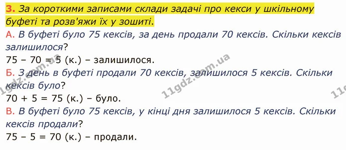 3. За короткими записами склади задачі про кекси у шкільному буфеті та розв'яжи їх у зошиті. — ГДЗ Математика 3 клас Логачевська 1-2 ч.