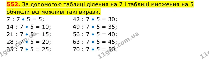 552. За допомогою таблиці ділення на 7 і таблиці множення на 5 обчисли всі можливі такі вирази. — ГДЗ Математика 3 клас Будна 1-2 ч.