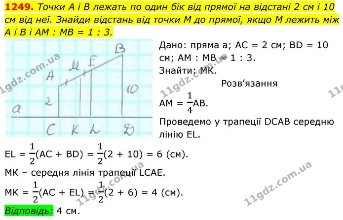 1249. Точки А і В лежать по один бік від прямої на відстані 2 см і 10 см від неї. Знайди відстань від точки М до прямої, якщо М лежить — ГДЗ Геометрія 8 клас Бевз
