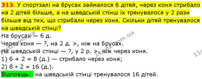 313. У спортзалі на брусах займалося 6 дітей, через коня стрибало на 2 дітей більше, а на шведській стінці їх тренувалося у 2 рази — ГДЗ Математика 3 клас Козак 1-2 ч.