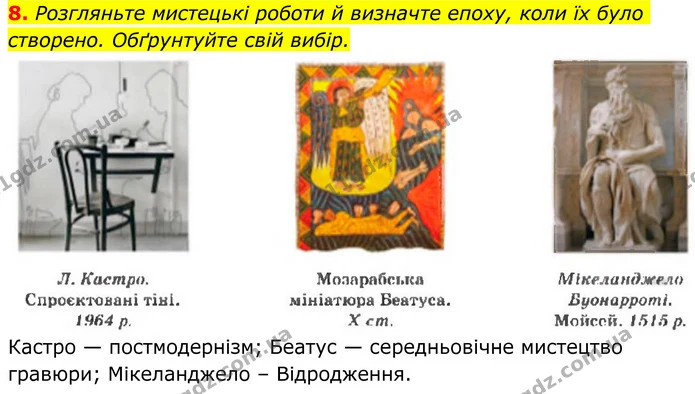 8. Розгляньте мистецькі роботи й визначте епоху, коли їх було створено. Обґрунтуйте свій вибір. — ГДЗ Українська література 8 клас Авраменко