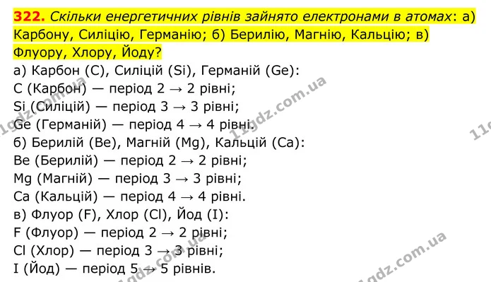 322. Скільки енергетичних рівнів зайнято електронами в атомах: а) Карбону, Силіцію, Германію; б) Берилію, Магнію, Кальцію; в) Флуору — ГДЗ Хімія 8 клас Григорович