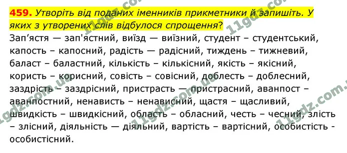 459. Утворіть від поданих іменників прикметники й запишіть. У яких з утворених слів відбулося спрощення? — ГДЗ Українська мова 9 клас Заболотний