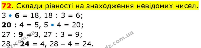 72. Склади рівності на знаходження невідомих чисел. — ГДЗ Математика 3 клас Козак 1-2 ч.
