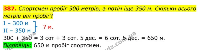 387. Спортсмен пробіг 300 метрів, а потім іще 350 м. Скільки всього метрів він пробіг? — ГДЗ Математика 3 клас Бевз 1 частина